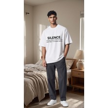 Lumora Store %100 Pamuk Silence Yazı Baskılı Unisex Oversize Tişört Beyaz