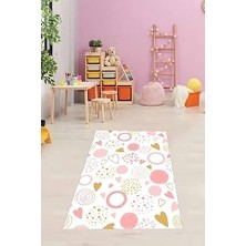 Mey İthalat Pelangi Kalpli Renkli Çember Desen Dijital Baskı Yıkanabilir Kaymaz Leke Tutmaz Çocuk Odası Halısı, Pudra Pembe-Beyaz 120 x 160
