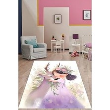 Mey İthalat Pelangi Çiçek Taçlı Geyik Seven Kız Yıkanabilir Kaymaz Taban Leke Tutmaz Çocuk Odası Halısı, Lila-Beyaz 160 x 230