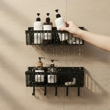 Yake Store Yapışkanlı Plastik Siyah Banyo ve Mutfak Rafı – Su Tahliyeli Duş Organizeri, Askılı Düzenleyici (2’li Set – 25 Cm)