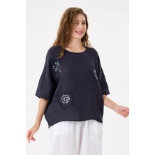 Della Moor Italyan %100 Keten Taşlı Oversize Keten Bluz 38 - 42 Beden