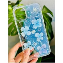 Yake Store Iphone 11 ile Uyumlu Epoksili Mavi Simli Çiçek Tasarımlı Oyuncaklı Esnek Silikon Kılıf