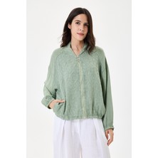 Della Moor Italyan %100 Keten Nakışlı Fermuarlı Düşük Kol Oversize Keten Bluz 38 - 44 Beden