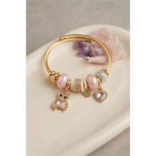 Clariss Pembe Renk Teddy Bear Model Gold Charmlı Bileklik