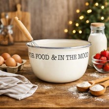 Yake Store Emaye Karıştırma Kabı – Krem Renk, Metal Kenarlıklı, Ahşap Saplı – Hamur, Kek, Salata ve Sos Hazırlama Kasesi, Mutfak Karıştırma Kabı 22 cm