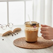 Yake Store 2 Adet Kapaklı Pipetli Cam Kupa Bardak Çay Kahve Meşrubat Tatlı Bardağı Kahverengi 370 ml