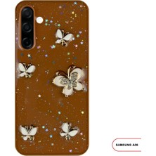 Yake Store Kelebekli Taşlı Simli Kalpli Wish Silikon Telefon Kılıfı Kahverengi  Galaxy A36 ile Uyumlu