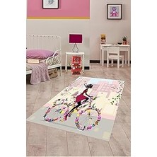Mey İthalat Pelangi Bisiklet Süren Kız Çiçekli Kelebekli Dijital Baskı Yıkanabilir Kaymaz Taban Çocuk Odası Halısı, Çok Renkli 160 x 300
