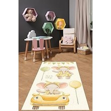 Mey İthalat Pelangi Piti Kare Zemn Sevimli Arabalı Balonlu Fil Yıkanabilir Kaymaz Taban Leke Tutmaz Çocuk Odası Halısık, Sarı-Yeşil 180 x 300