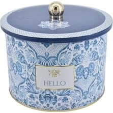 Yake Store Evle-Azulejos Desenli Yuvarlak Metal Saklama Kabı 14 Cm, Erzak Kabı - Organizer Kutu 17,5 cm x 13 cm (Azulejos Hello)
