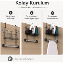 Yake Store Alper Banyo Kapı Arkası Ütü Masası Askılığı Siyah, Sepetli Kapı Arkası Düzenleyici, Delmeden Kullanımlı Ütü ve Ütü Masası Tutucu