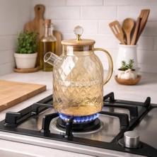 Yake Store 1600 ml  Desenli Isıya Dayanıklı Cam Demlik - Ahşap Kapaklı, Gold Detaylı Büyük Boy Borosilikat Çaydanlık
