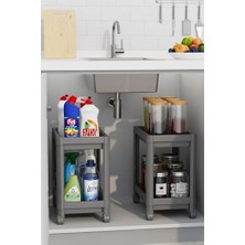 Yake Store 2 Katlı Tekerlekli Düzenleyici Raf Mutfak Tezgah & Evye Altı Dolap Içi Organizer, Banyo Deterjanlık ve Şampuanlık, Çok Amaçlı Taşınabilir Sebzelik, Modern Dekoratif Mutfak Raf Ünitesi (Gri)