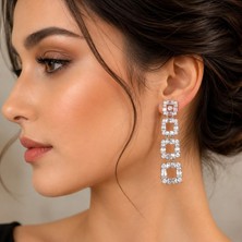 Valmont Accessories Zirkon Taşlı Geometrik Kare Sallantılı Kadın Küpe Gümüş Renk Şık Abiye Tasarım