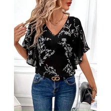 Defy Moda Kadın Kısa Fırfır Kollu V Yakalı Desenli Şifon Bluz