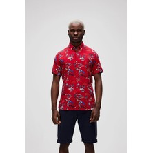 Bad Bear Hector Shirt Kırmızı Kısa Kollu Baskılı Erkek Gömlek