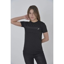 Velmora Fashion Kadın Gögüs Fermuarlı T-Shirt Kısa Kol Bisiklet Yaka Slimfit Tişört - Siyah
