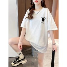 Tarz Yeri Kadın Tişört Penye Compack Tatlı Kedi Baskılı Bisiklet Yaka T-shirt - Beyaz