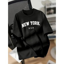 Velmora Fashion kadın New York Baskılı Tişört Kısa Kol Bisiklet Yaka T-shirt - Siyah