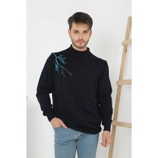 Velmora Fashion Erkek Yarım Bağazlı Kazak Baskılı Dokuma Triko - Siyah