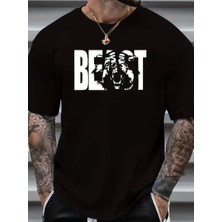 Tarz Yeri Erkek Baskılı Tişört Kısa Kol Bisiklet Yaka Oversize T-Shirt - Siyah