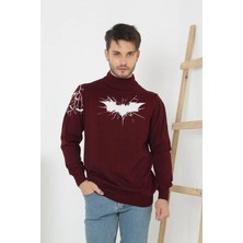 Velmora Fashion Erkek Yarım Bağazlı Kazak Baskılı Dokuma Triko - Bordo