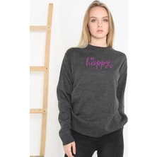 Range Store Kadın Bisiklet Yaka Kazak Baskılı Dokuma Triko - Füme