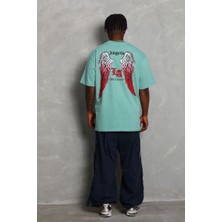Velmora Fashion Erkek Kısa Kol Tişört Bisiklet Yaka KANAT Baskılı Oversize T-Shirt - Mint Yeşili