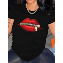 Velmora Fashion Kadın Kısa Kol Yazlık Tişört Bisiklet Yaka Dudak Baskılı T-Shirt - Siyah