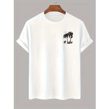 Velmora Fashion Erkek Kısa Kol Yazlık Tişört Bisiklet Yaka Palmiye Baskılı T-Shirt - Beyaz