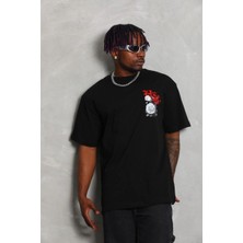 Tarz Yeri Erkek Kısa Kol Yazlık Tişört Bisiklet Yaka Baskılı Oversize T-Shirt - Siyah