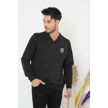 Velmora Fashion Erkek V Yaka Kazak Baskılı Dokuma Triko - Füme