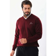 Velmora Fashion Erkek V Yaka Kazak Baskılı Dokuma Triko - Bordo