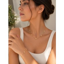 Atalya Accessory Gold Renk Yonca Çelik Kadın Kolye ve Bileklik Seti - Kutulu - Sevgiliye Hediye