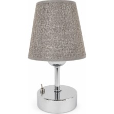 Fey Atelier Fey Abajur El Yapımı Kablosuz LED Masa Lambası Gri Kumaş Başlıklı Krom Gövdeli 9V Pilli Dekoratif Abajur 25 cm Pilli Gece Lambası, Pilli masa lambası, Gri şapka krom ayak