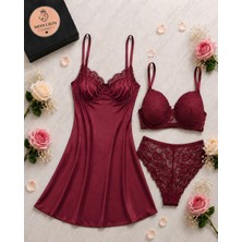 Miss Lion Lingerie 3 Parça Saten Gecelik Takımı – Dantelli Gecelik, Desteksiz Sütyen ve Dantel Külot