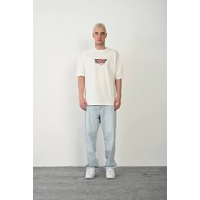 Velmora Fashion Erkek Kısa Kol Yazlık Tişört Bisiklet Yaka Baskılı Oversize T-Shirt - Beyaz
