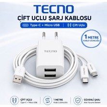 Tecno Çift Çıkışlı Şarj Aleti Type-C ve Micro Data Kablolu TCW-E01D Beyaz