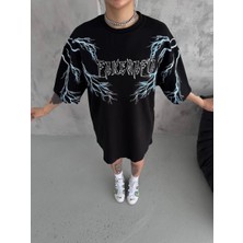 Velmora Fashion Kadın Bisiklet Yaka Yıldırım Baskılı  Kısa kol Oversize T-Shirt - Siyah
