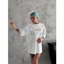 Velmora Fashion Kadın Bisiklet Yaka Yıldırım Baskılı Kısa kol  T-Shirt - Beyaz