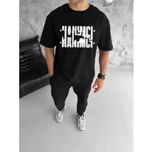 Velmora Fashion Erkek Tişört Kısa Kol Bisiklet Yaka Katlanan HANIMCI Baskılı T-Shirt - Siyah