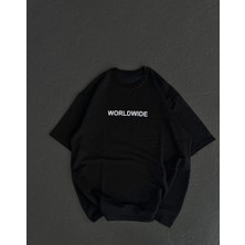 Fi Labels Kadın Baskılı T-Shirt Kısa Kol Bisiklet Yaka Oversize Rahat Kalıp Günlük Tişört   - Siyah