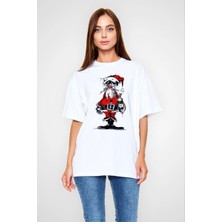 Velmora Fashion Kadın Bisiklet Yaka Baskılı  Kısa Kol Oversize T-Shirt - Beyaz