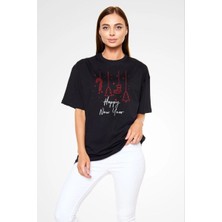 Velmora Fashion kadın Bisiklet Yaka  Kısa kol Baskılı Oversize T-Shirt - Siyah