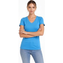Kadın T-Shirt V Yaka Slim Fit Likralı Tişört Yazlık Basic Body - Açık Mavi