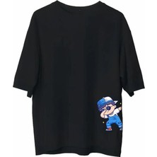 Tarz Yeri Bisiklet Yaka Baskılı Oversize T-Shirt - Siyah -