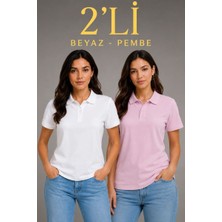 Mariposa Secret 2'li Kadın Polo Yaka Pike Kumaş Düğmeli Basic Tişört Günlük Rahat Kesim - Beyaz, Pembe