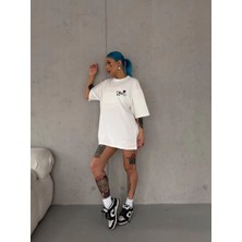 Fi Labels Kadın Bisiklet Yaka Baskılı Kısa kol Oversize T-Shirt - Beyaz