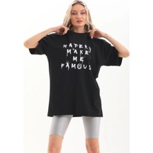 Tarz Yeri Kadın Kısa Kol Yazlık Tişört Bisiklet Yaka Baskılı Oversize T-Shirt - Siyah