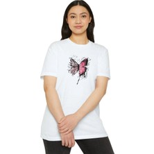 Tarz Yeri Kadın Bisiklet Yaka kelebek Baskılı Kısa kol  T-Shirt - Beyaz